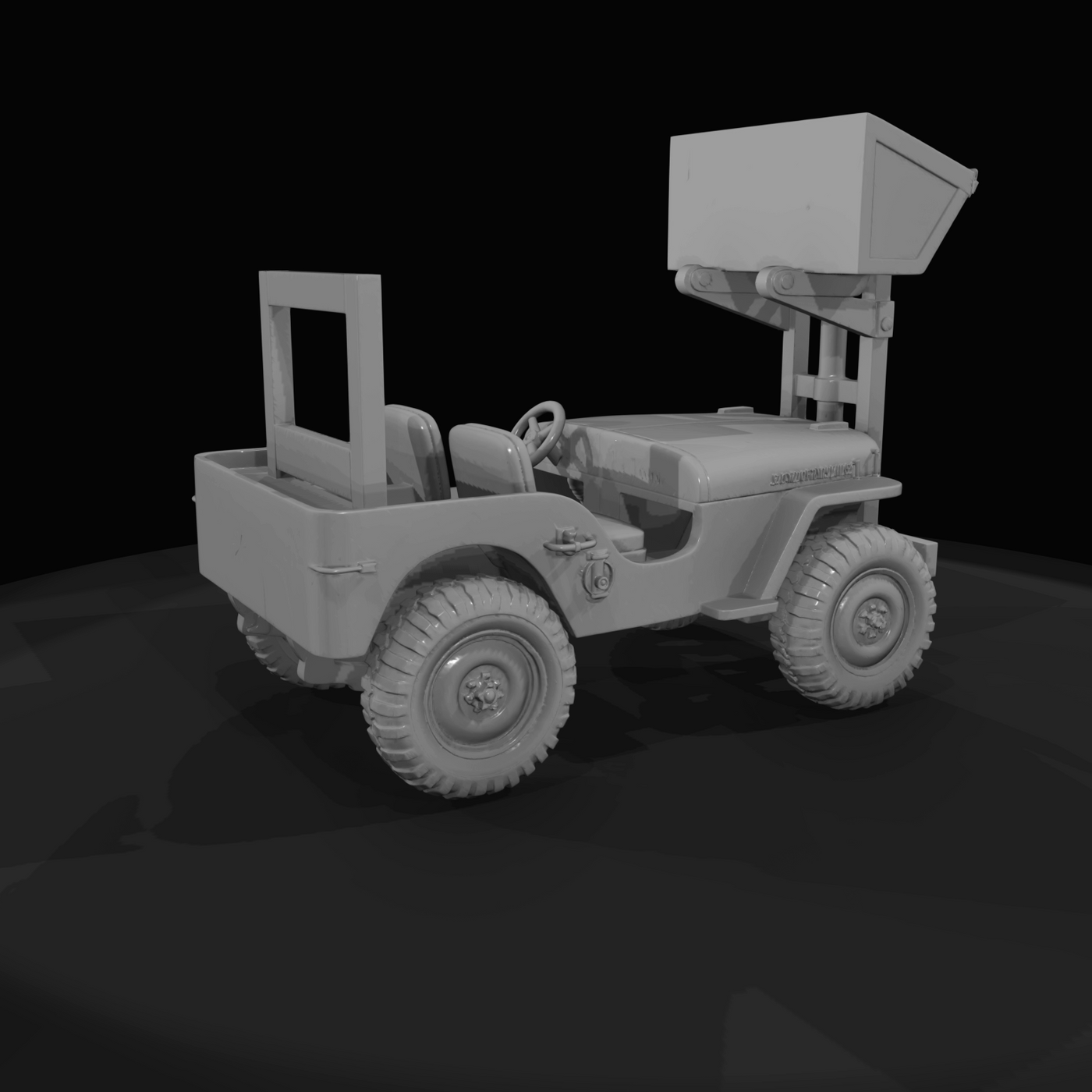 jeep with front-mounted forklift/bucket attachment