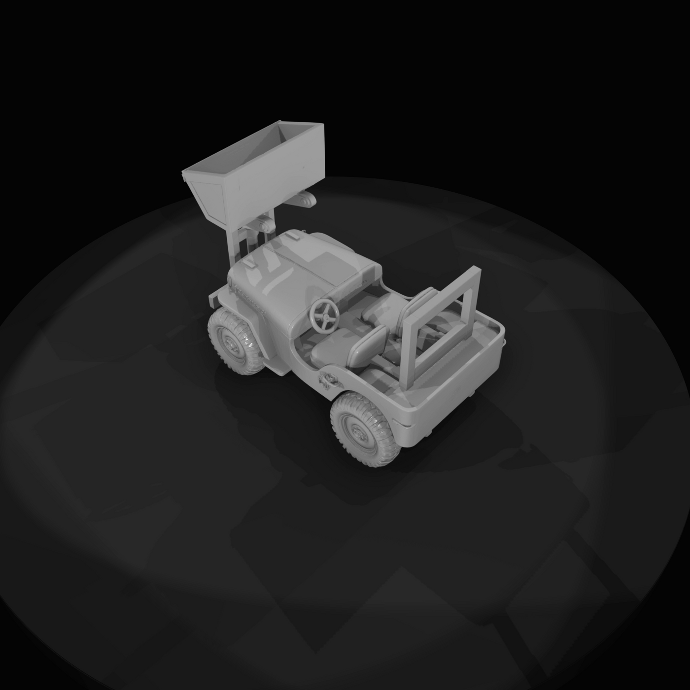 jeep with front-mounted forklift/bucket attachment