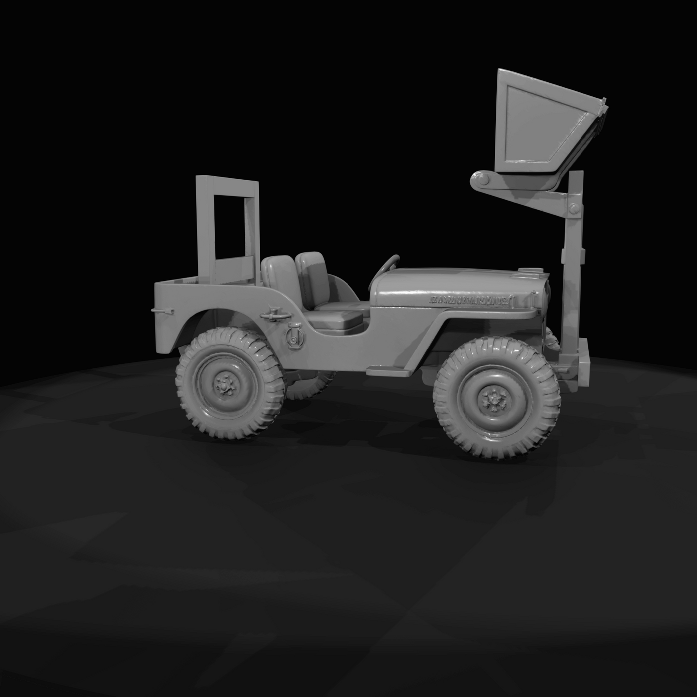 jeep with front-mounted forklift/bucket attachment