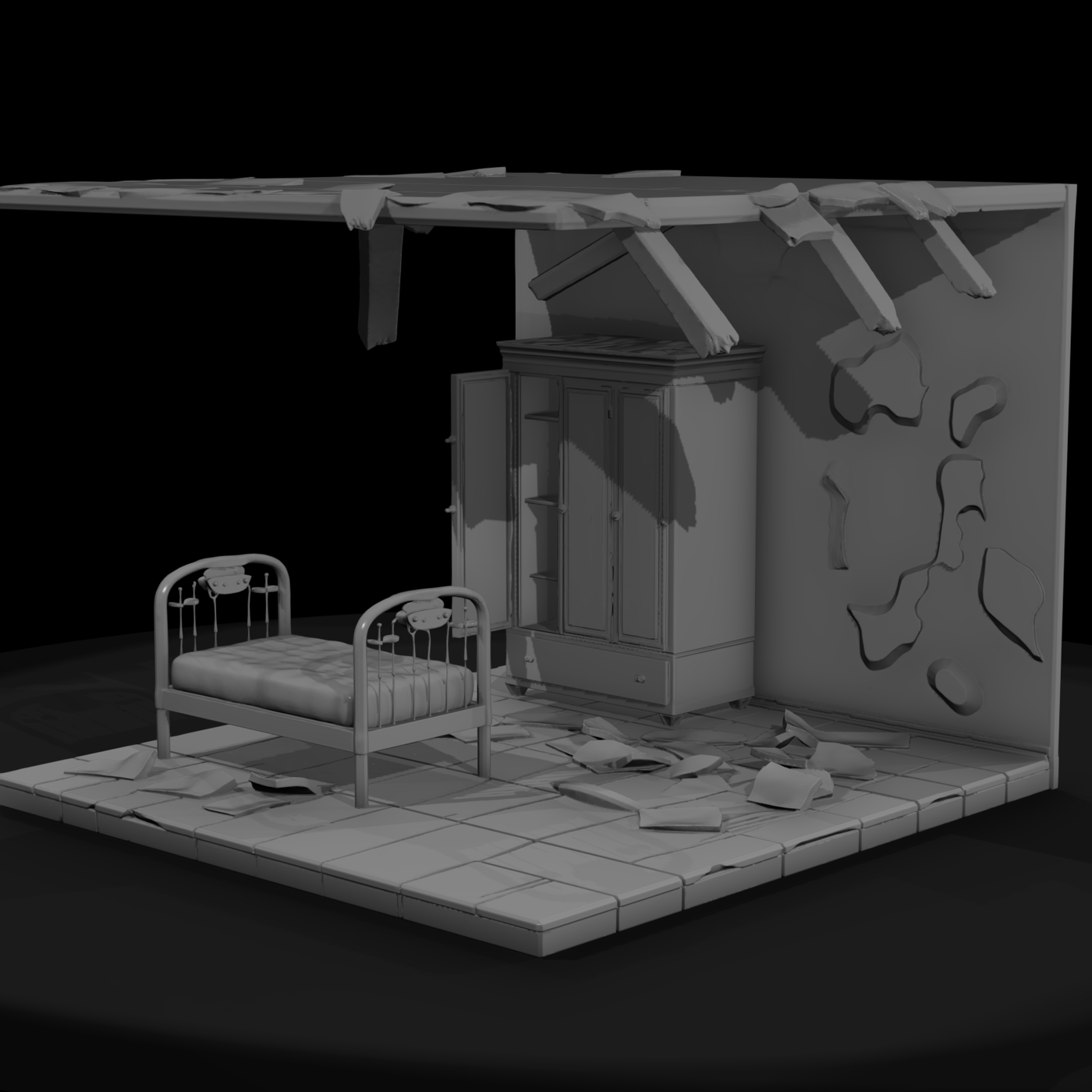 Abandoned rustic bedroom diorama set bed and wardrob