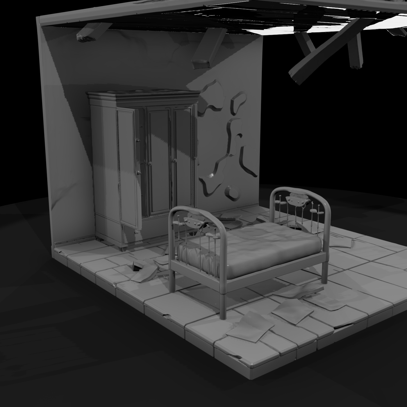 Abandoned rustic bedroom diorama set bed and wardrob