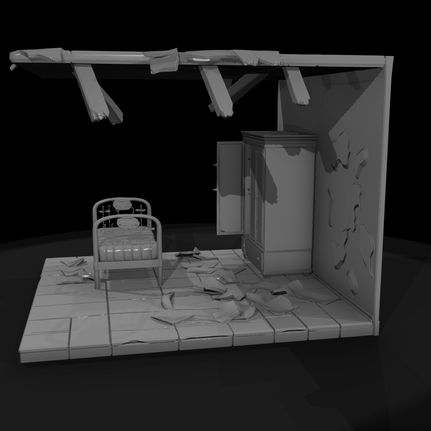 Abandoned rustic bedroom diorama set bed and wardrob