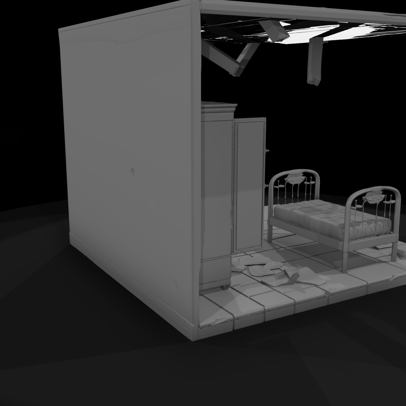 Abandoned rustic bedroom diorama set bed and wardrob