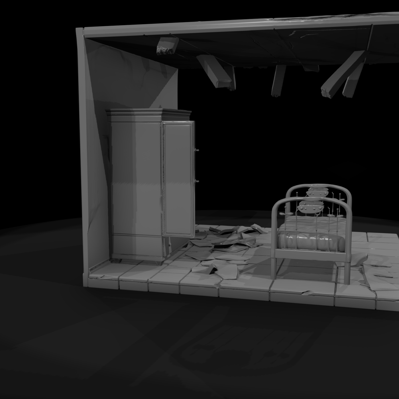 Abandoned rustic bedroom diorama set bed and wardrob