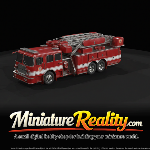 fire engine (aerial ladder truck) with roof-mounted ladder and side storage compartments