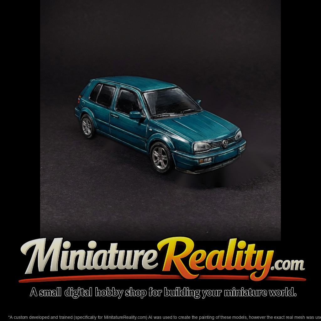 Compact 1990s three-door hatchback shell for scenes