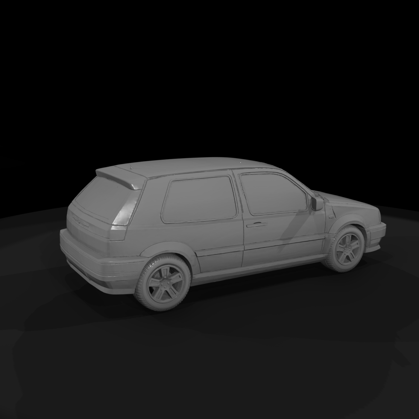 Compact 1990s three-door hatchback shell for scenes