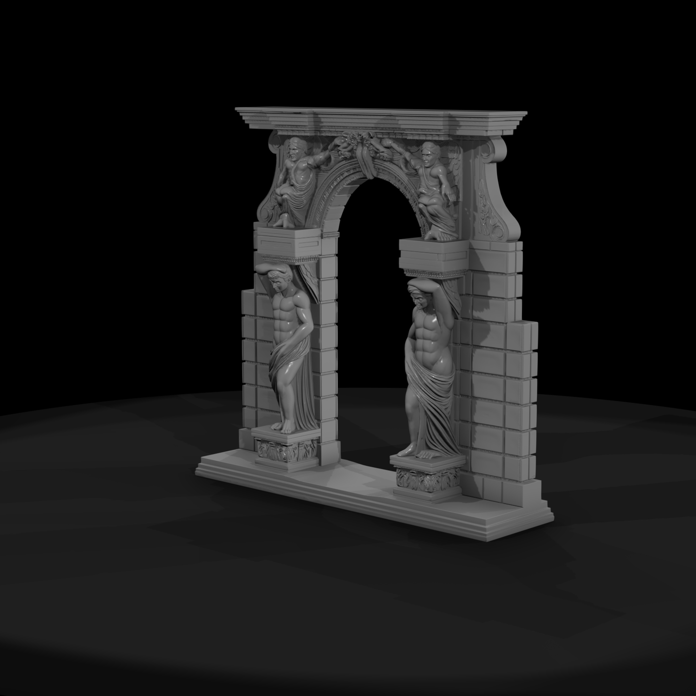 Neoclassical carved stone archway with atlantes — di