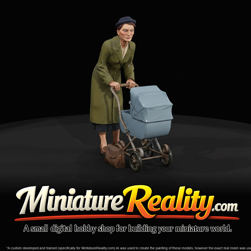 adult woman (figure) pushing a baby stroller (1950s)