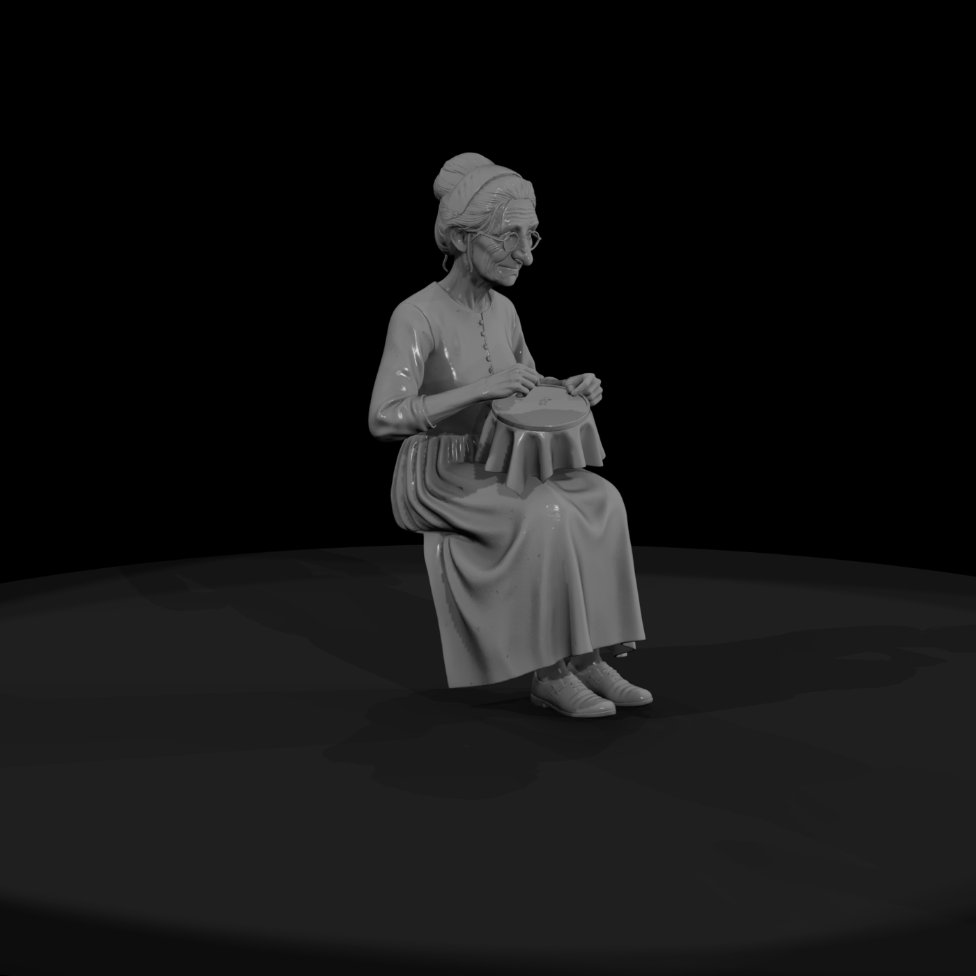 Seated Victorian Elderly Woman Embroidering