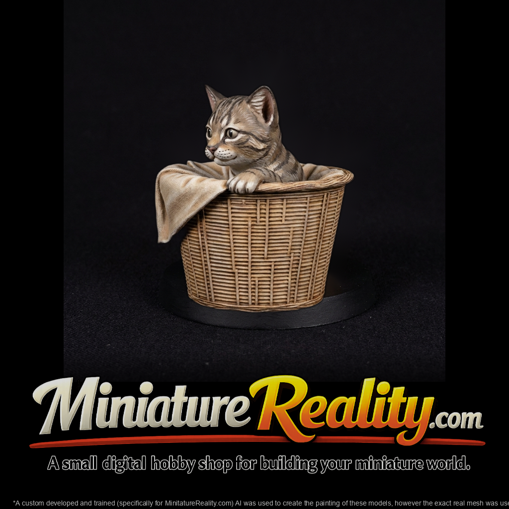 Stylized Tabby Cat in Wicker Basket