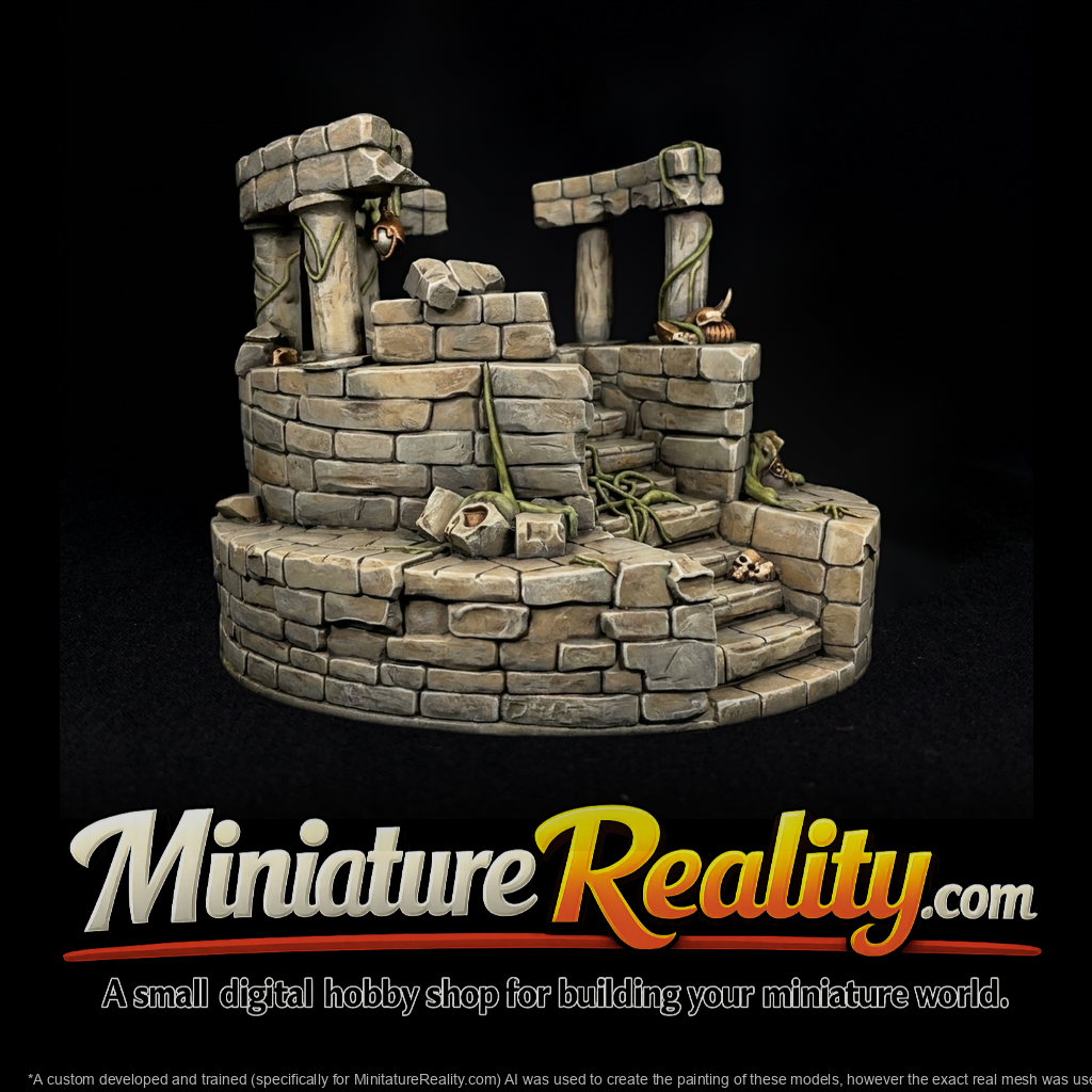 Stylized fantasy ruined shrine centerpiece