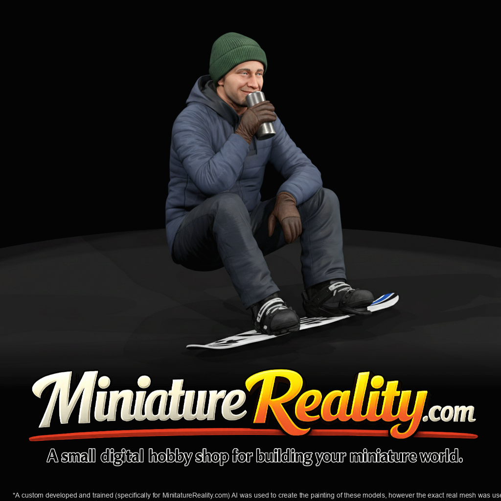 Winter Skier Figure (estimated) — Man on snowboard seated drinking from thermos