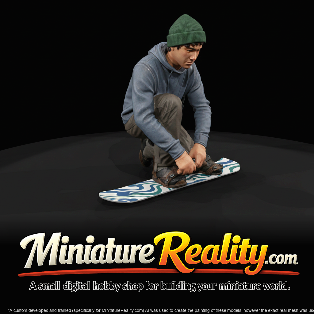 Winter Skier Figure (estimated) — Young Man Adjusting Snowboard Bindings