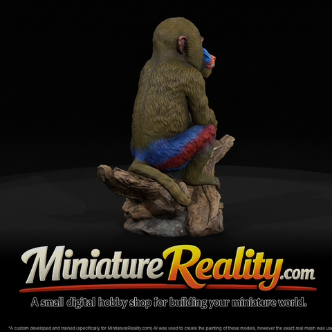 Sitting Mandrill on Stump miniature, three-quarter view