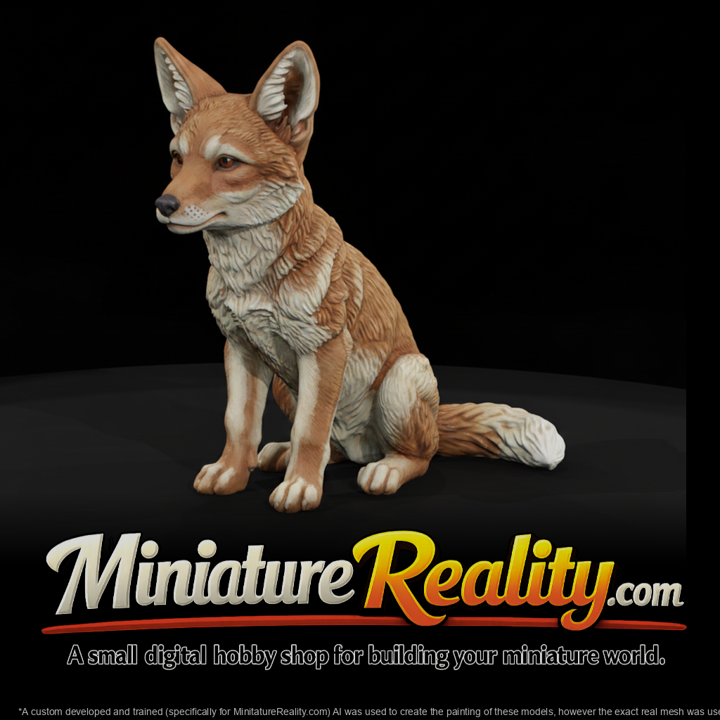 Sitting Young Coyote miniature, three-quarter view