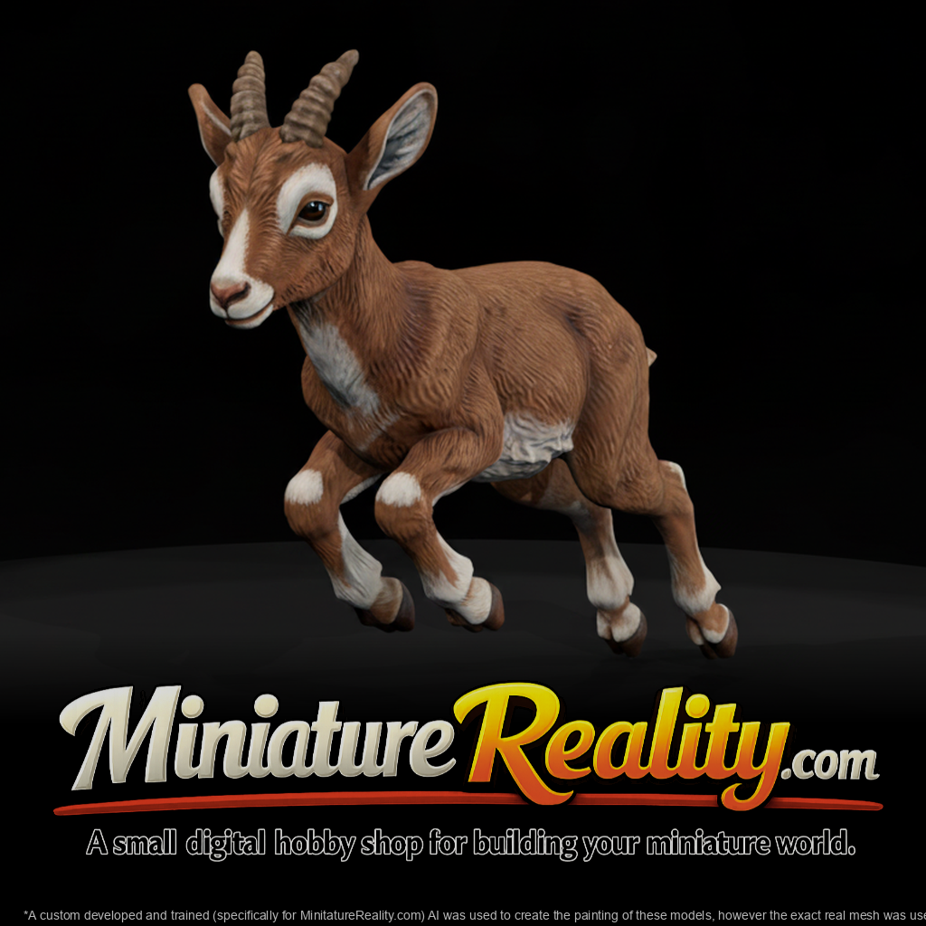 Young Markhor Goat Leaping miniature, three-quarter view
