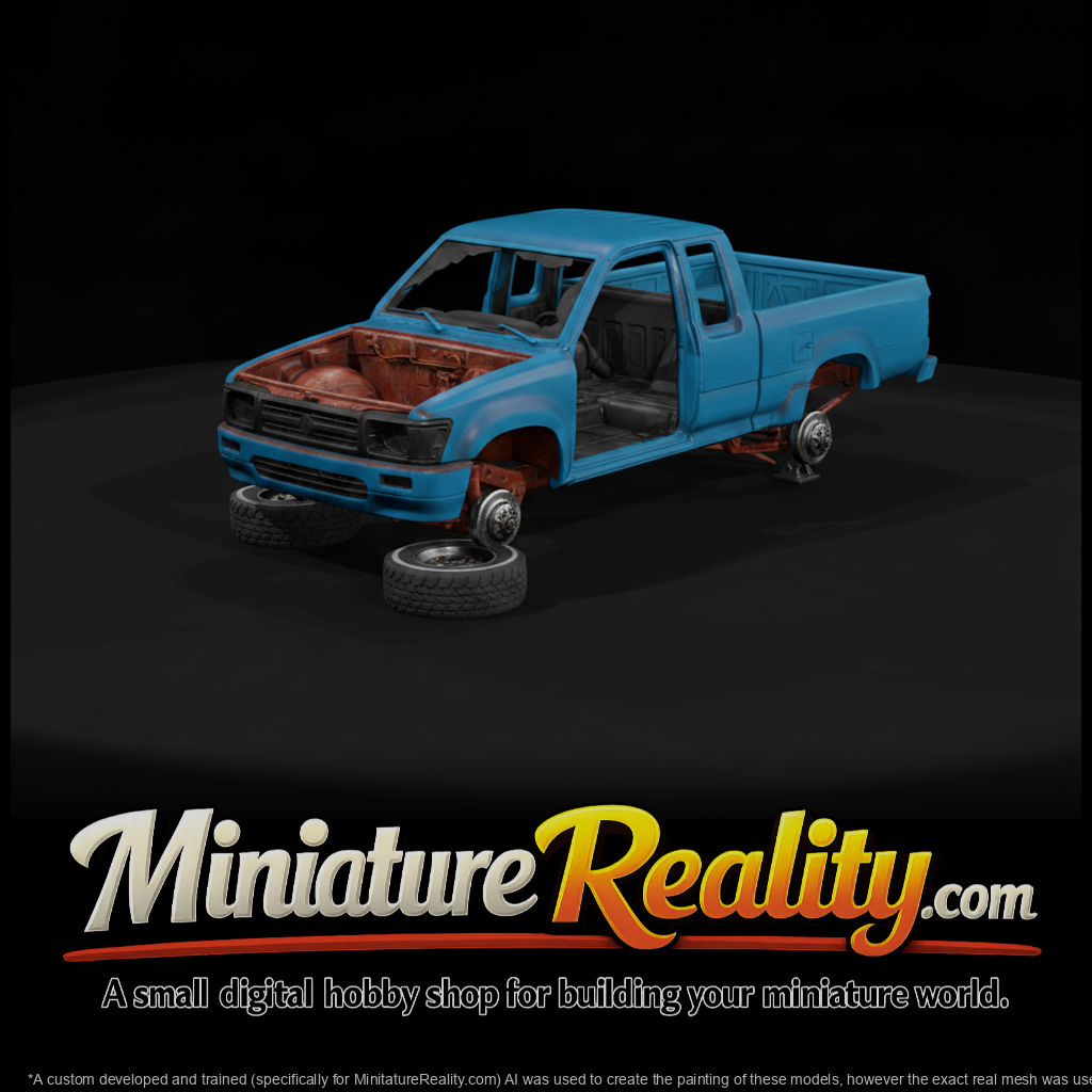 Stripped Blue Pickup on Jack Stands