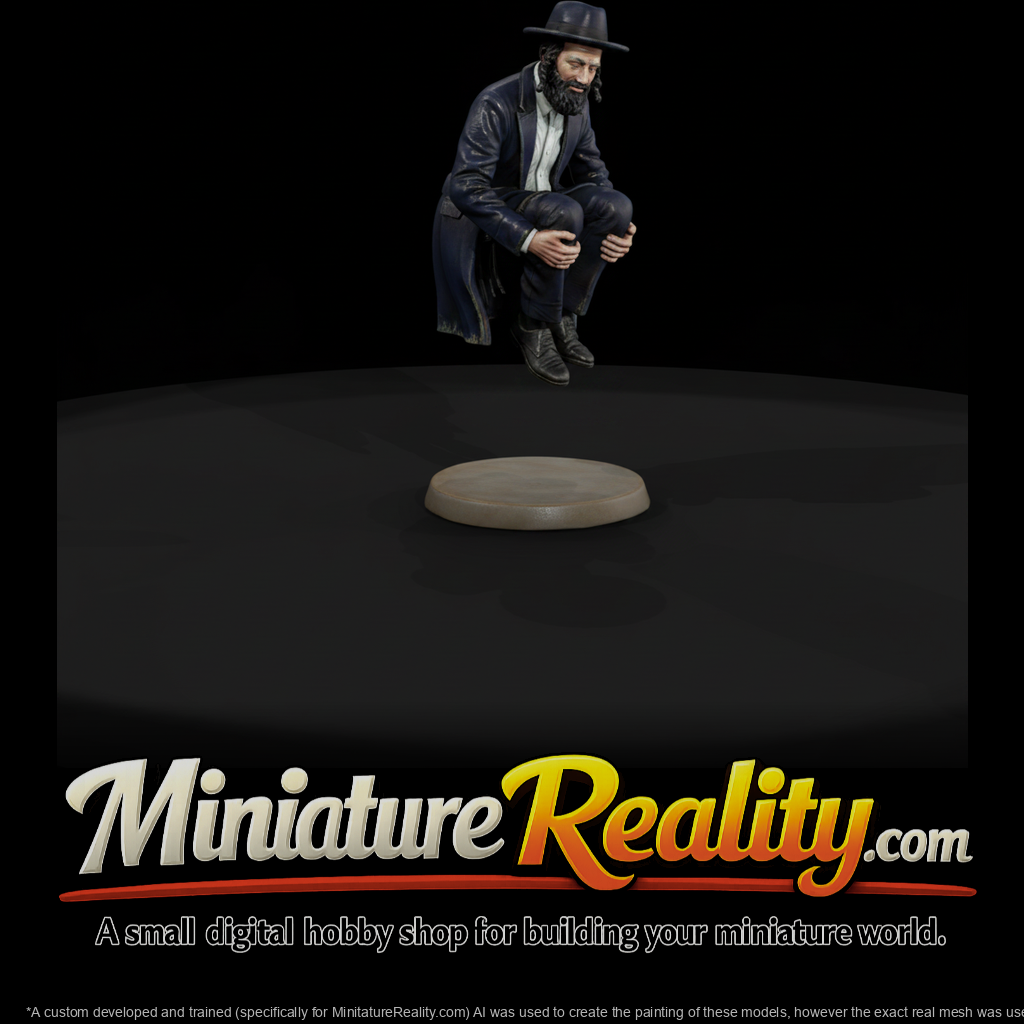Hasidic Man in Black Coat Crouching