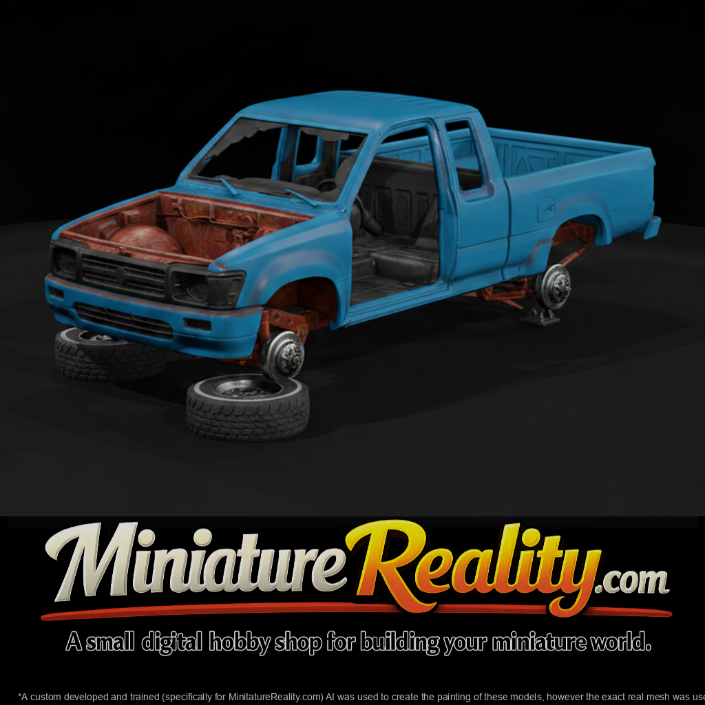 Stripped Blue Pickup on Jack Stands