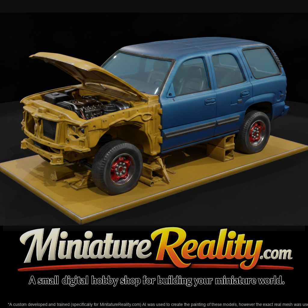 Half-Stripped SUV with Mismatched Front