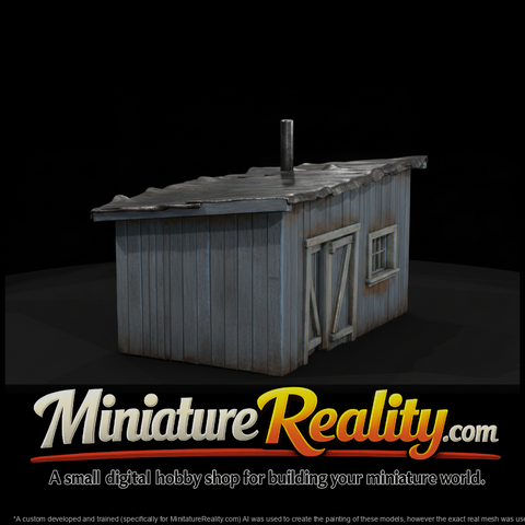 Weathered Wooden Shack miniature, three-quarter view