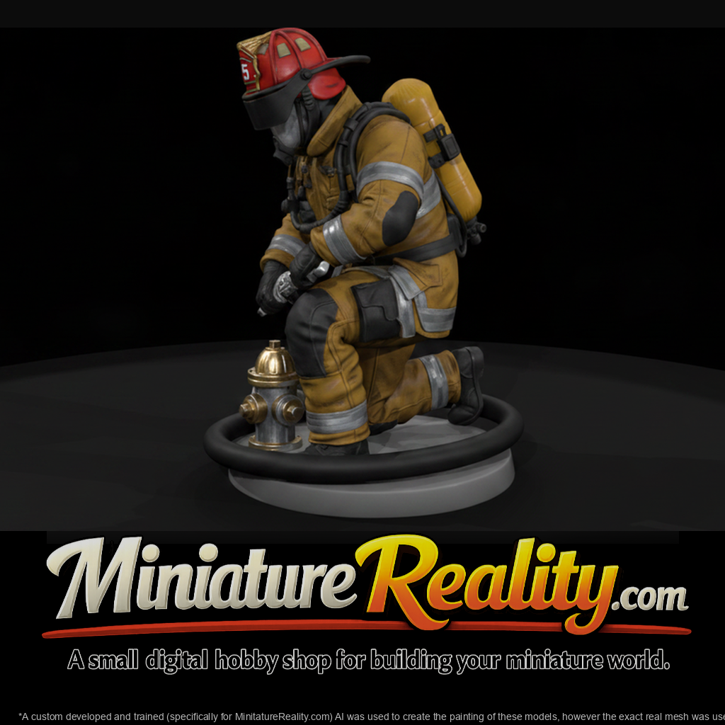 Firefighter Kneeling at a Hydrant Hookup