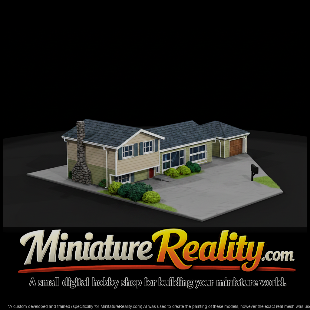 Split level suburban house miniature, three-quarter view