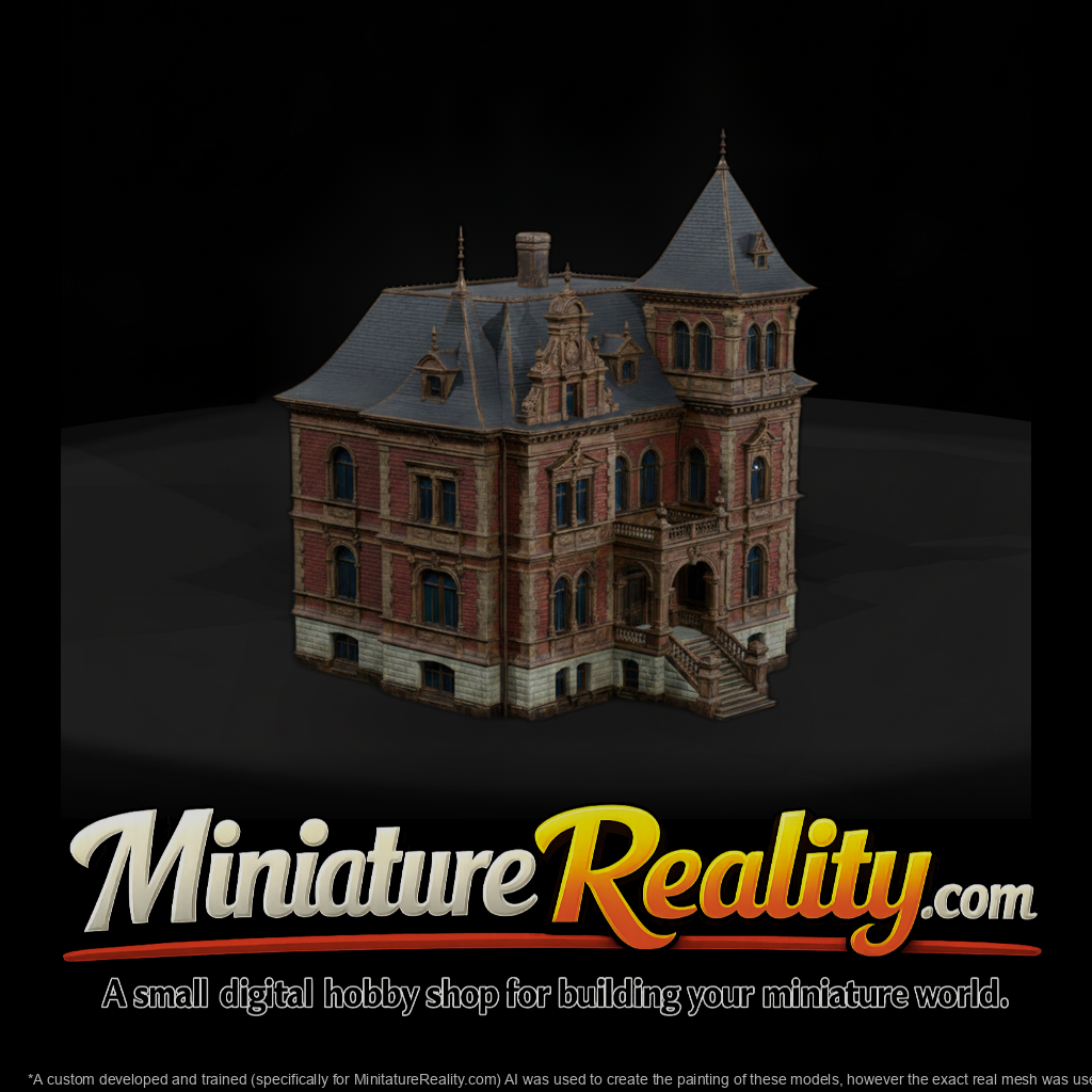 Ornate Brick Mansion with Tower miniature, three-quarter view