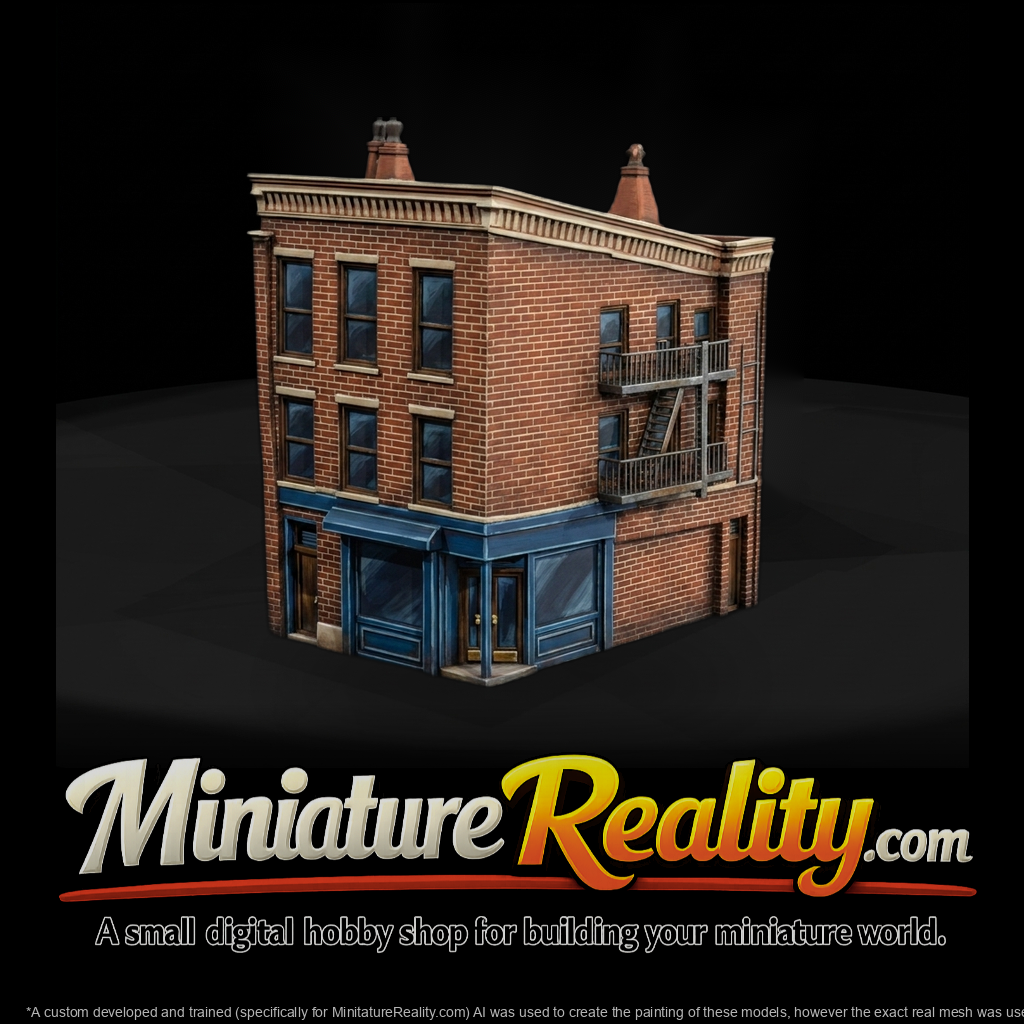 Stylized Urban Corner Storefront Building miniature, three-quarter view