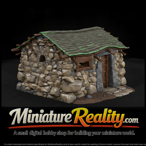 Fieldstone Cabin Wavy Roof miniature, three-quarter view