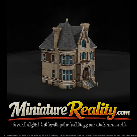 Historic Stone Turret House miniature, three-quarter view
