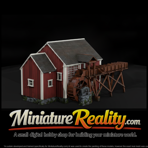 Red Water Wheel Mill miniature, three-quarter view