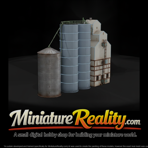 Farm Grain Elevator Silos miniature, three-quarter view