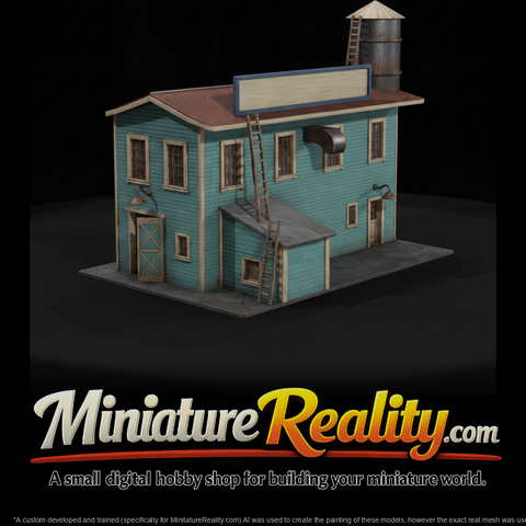Weathered Mill Building miniature, three-quarter view