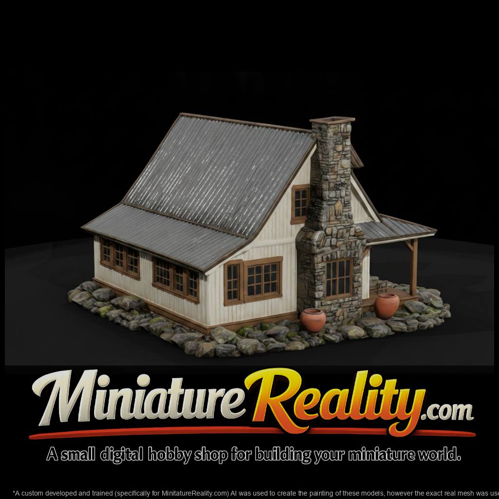 Stone White Farmhouse House miniature, three-quarter view
