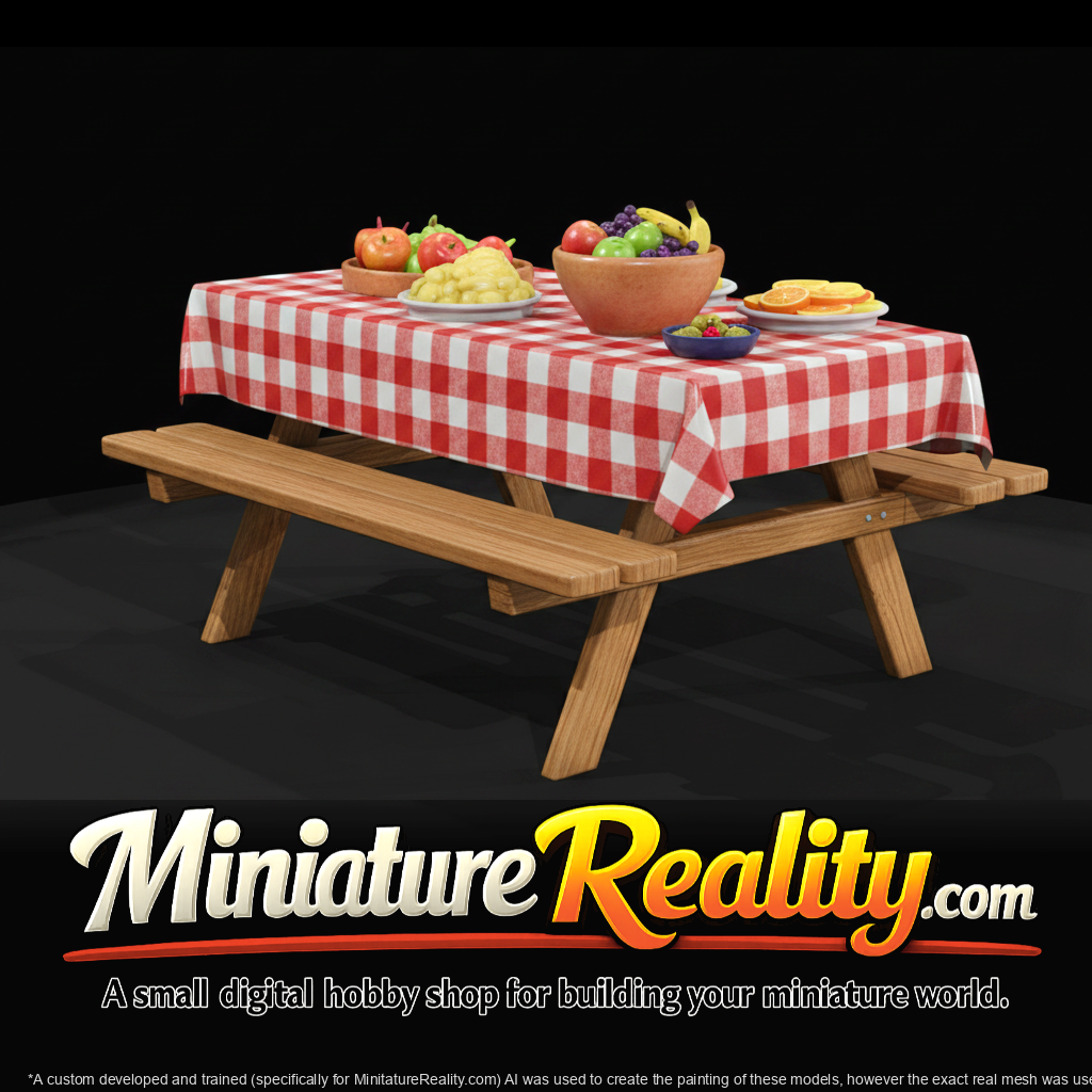 Wooden Picnic Table with Attached Benches and Tablecloth miniature, three-quarter view