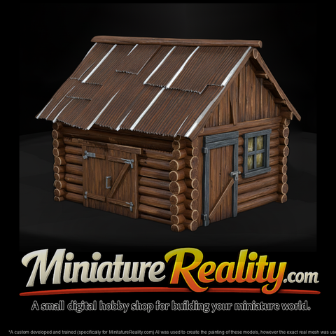 Rustic Log Barn miniature, three-quarter view