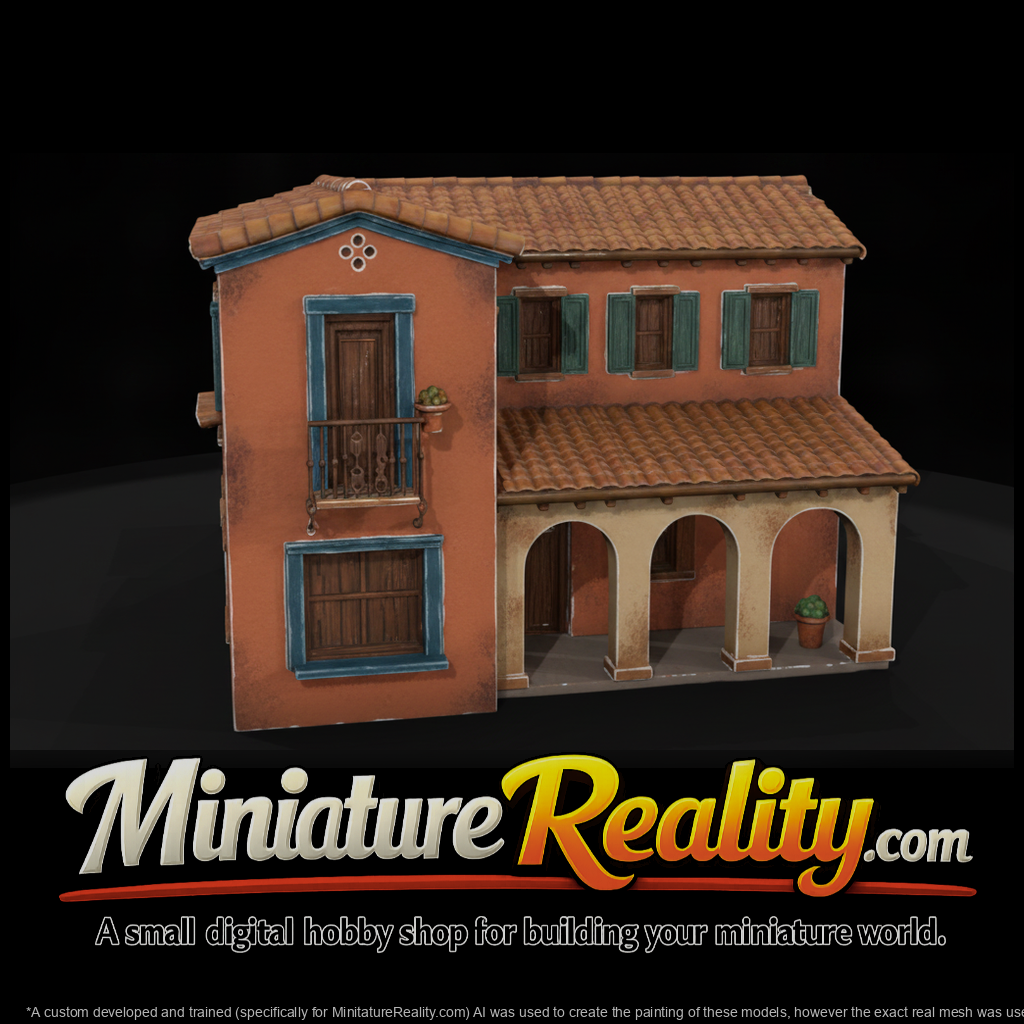 Spanish Style House miniature, three-quarter view