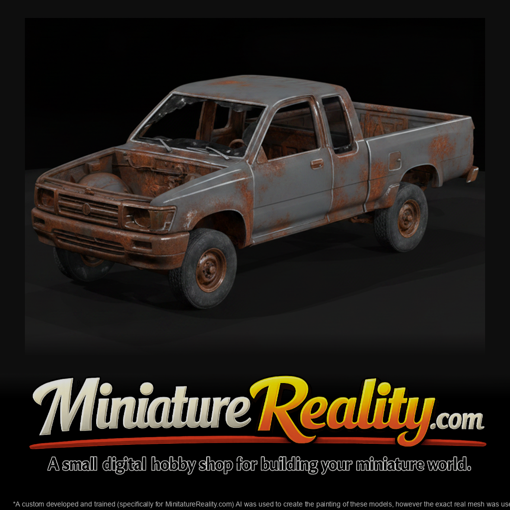 Stripped Blue Pickup on Jack Stands