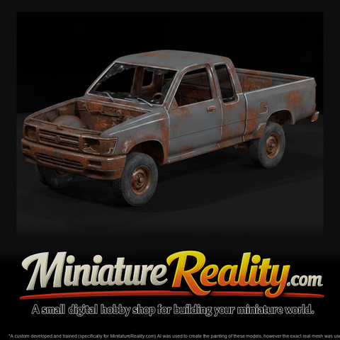 Stripped Blue Pickup on Jack Stands