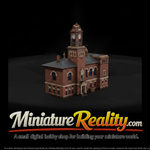 Brick Clock Tower Building miniature, three-quarter view