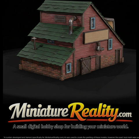 Rustic Factory Building miniature, three-quarter view
