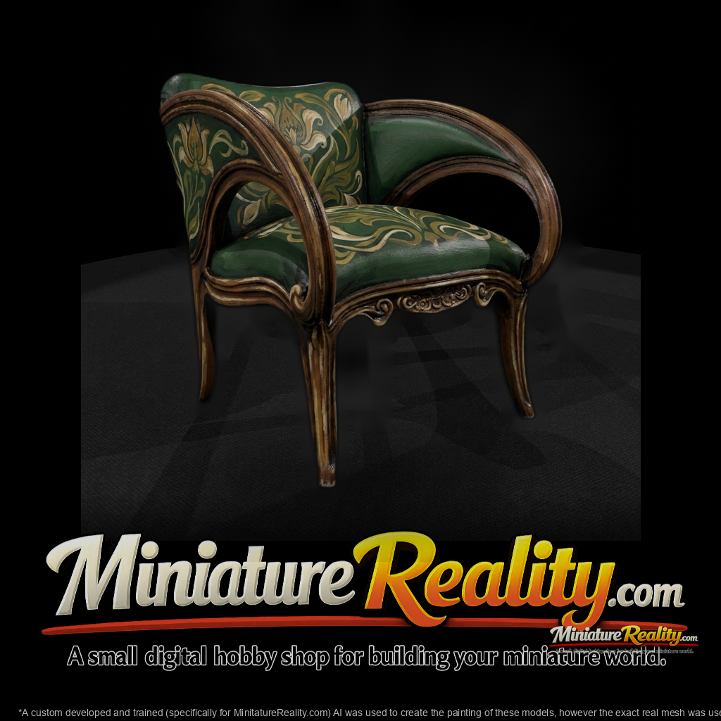 Art nouveau upholstered armchair miniature, three-quarter view