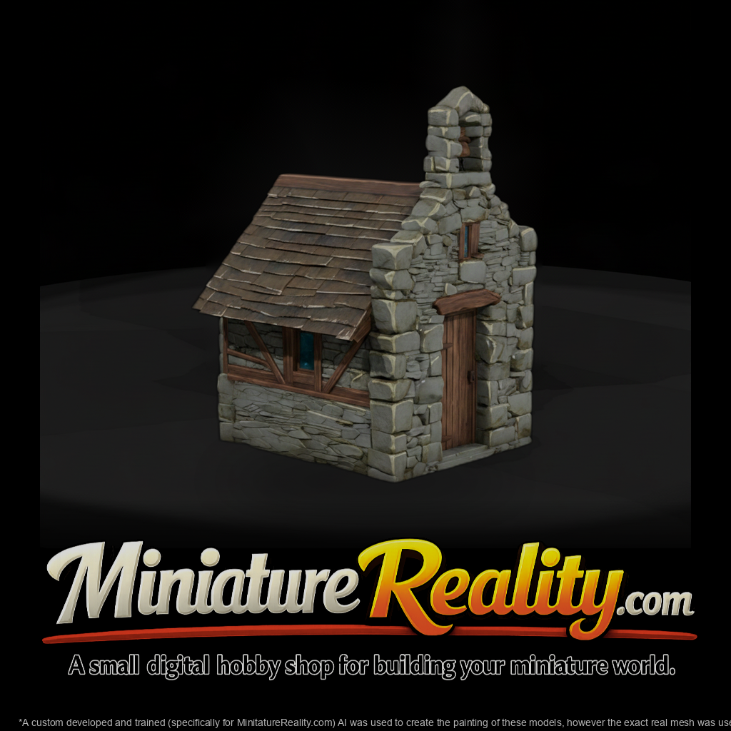 Forest Stone Cabin miniature, three-quarter view