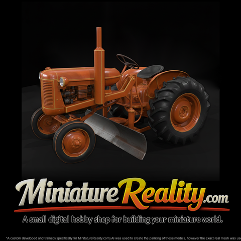 Orange Tractor with Grader Blade miniature, three-quarter view