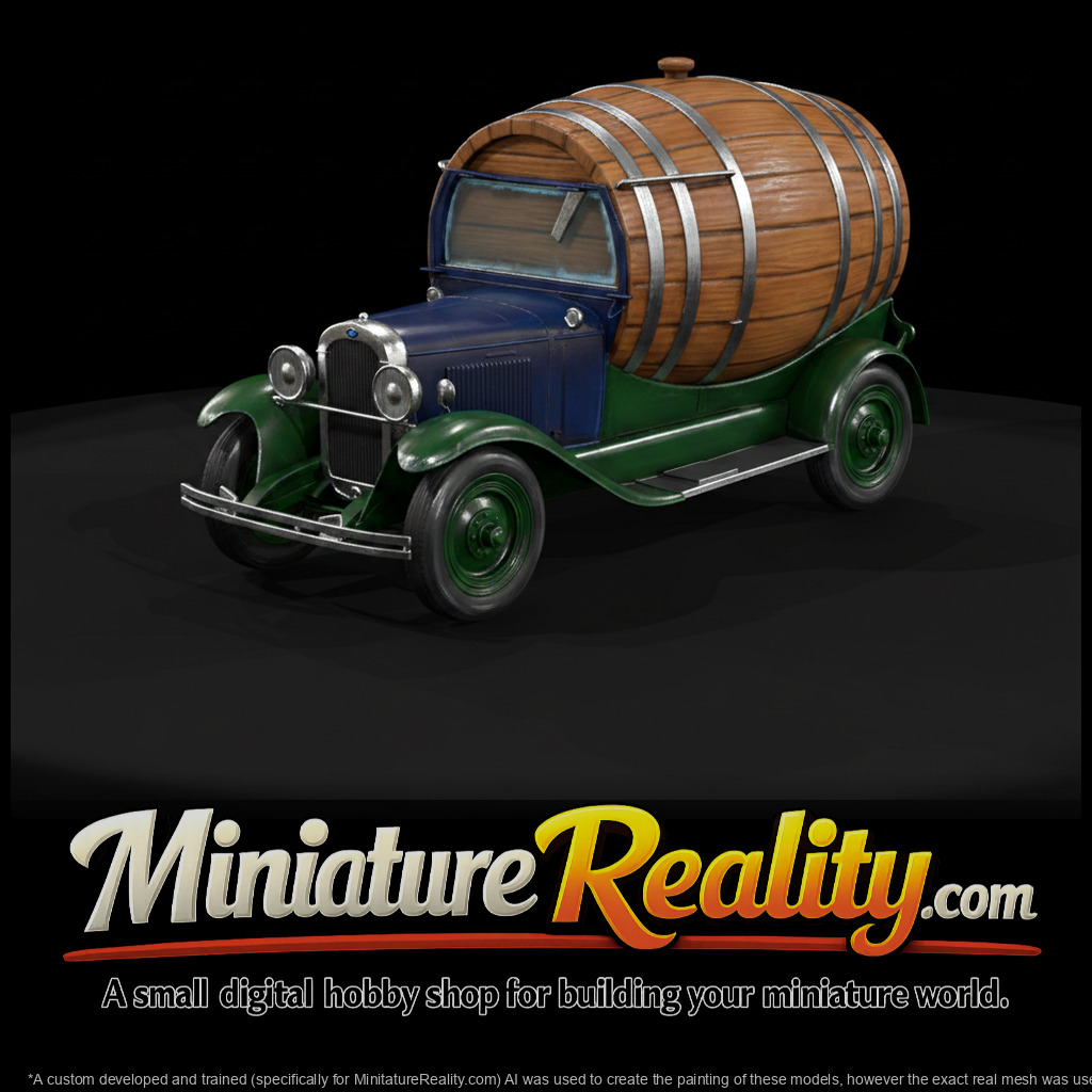 Vintage barrel delivery truck miniature, three-quarter view