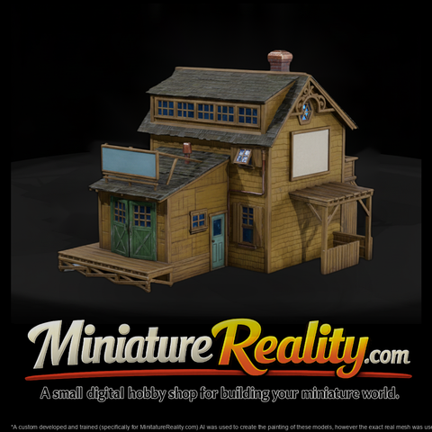 Old Wooden Garage Workshop miniature, three-quarter view
