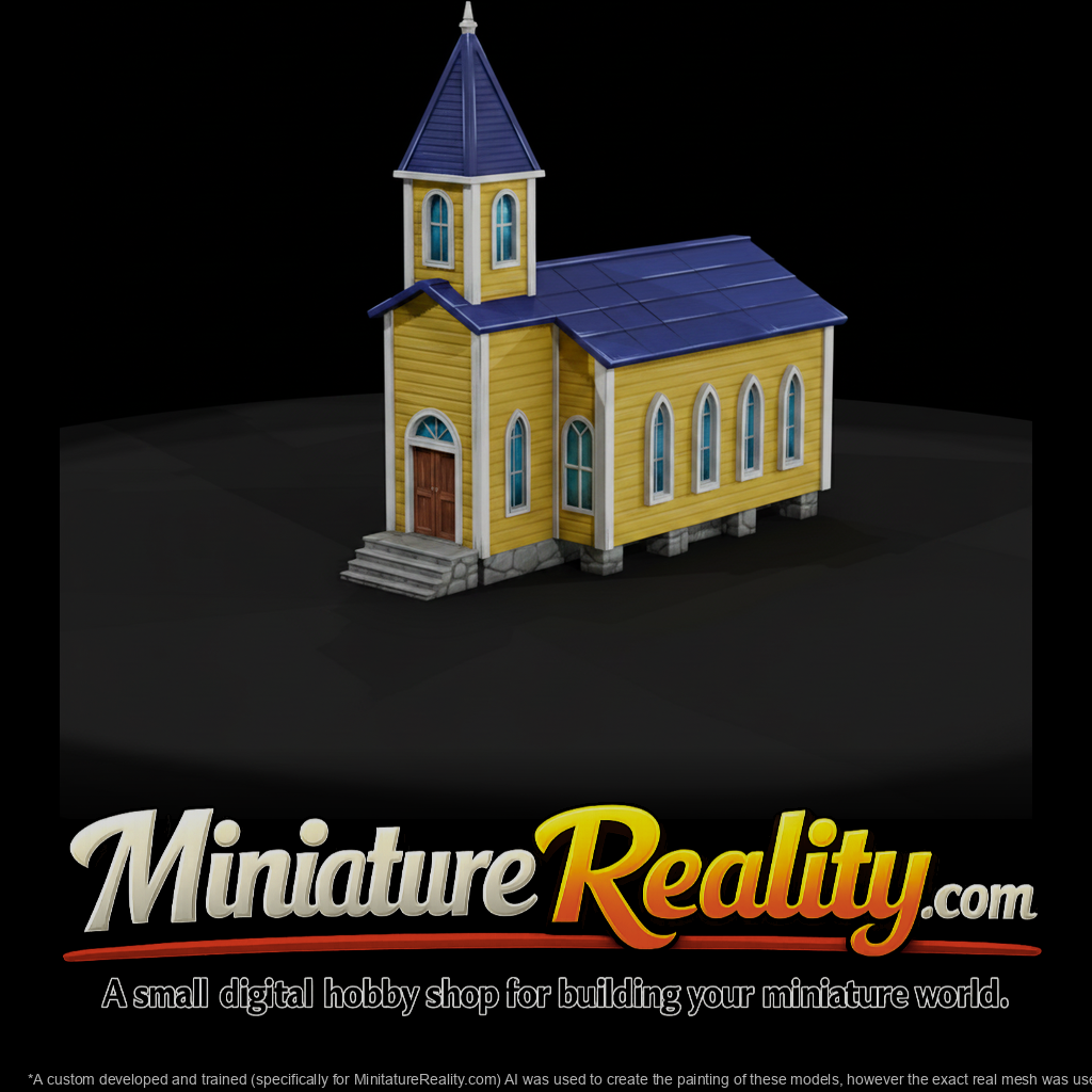 Small western country church miniature, three-quarter view