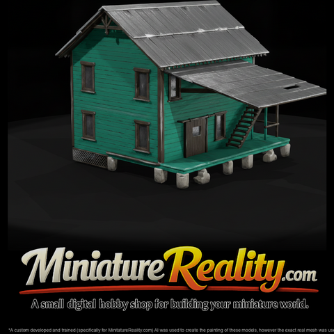 Weathered Wooden Building miniature, three-quarter view